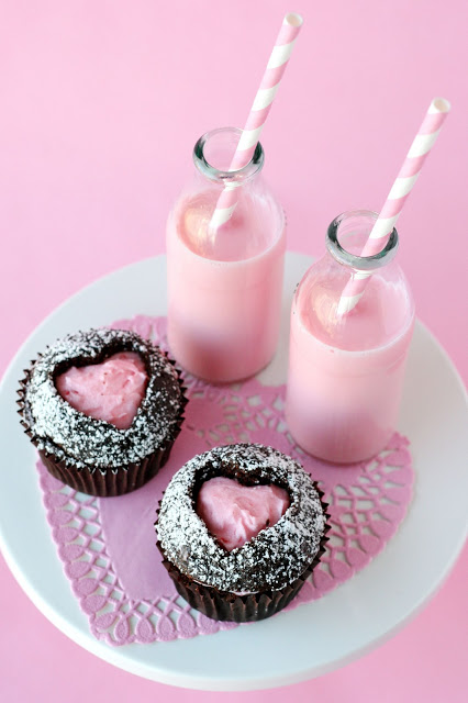 Pink valentines cupcakes and milk
